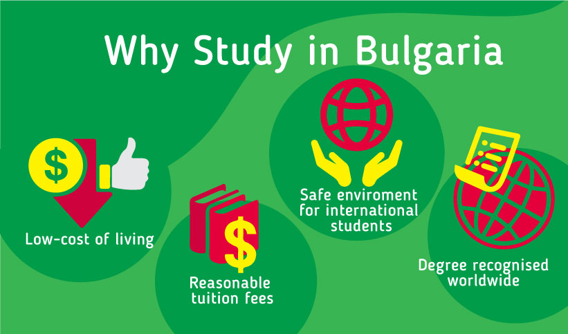 Why study in Bulgaria: Low-cost of living - Reasonable tuition fees - Safe enviroment for international students - Degree recognised worldwide